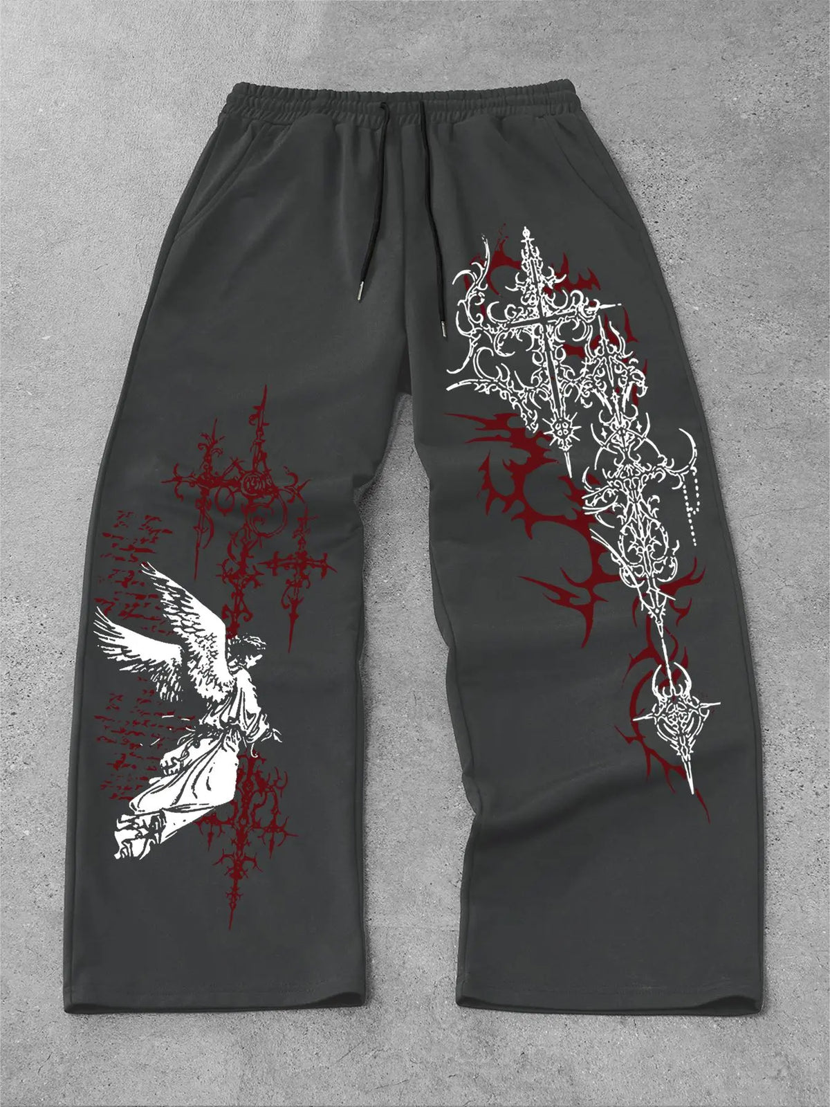 Men's and women's straight-leg Fitted pants featuring Gothic, Graphic Prints and angel motifs, These pants are perfect for streetwear, All Seasons Trousers, and ideal for both campus and everyday wear