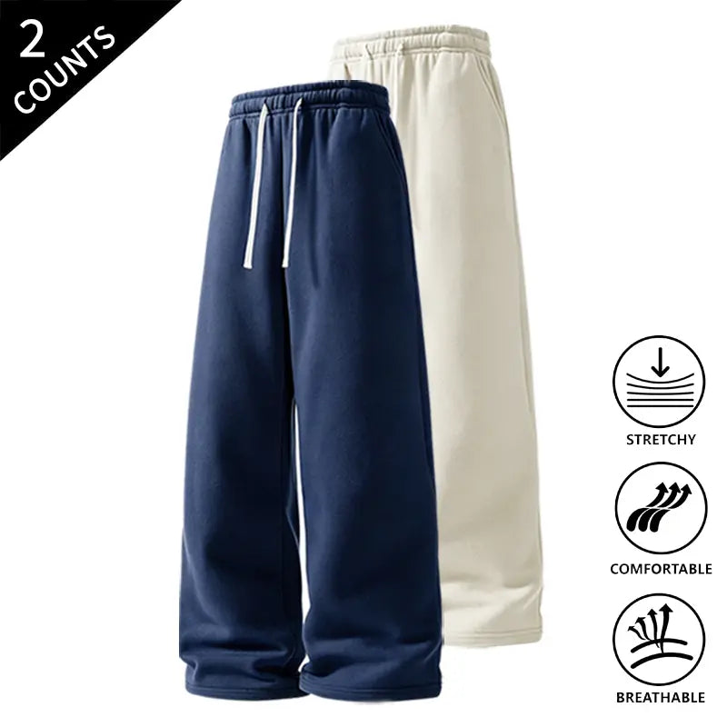Men’s 2-Pack Baggy Sweatpants - Mid-Waist Plain Casual Straight-Leg Menswear Pants with Drawstring Waist, Comfortable, Stretchable, Breathable, Ideal for Loungewear, Travel