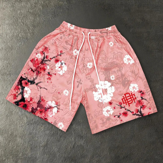 Light blue pink shorts for both men and women, cross shorts, Floral print summer shorts, Fashionable Summer Shorts, Beachwear beach shorts, European and American street fashion casual shorts, Y2K style Casual Athleisure Shorts