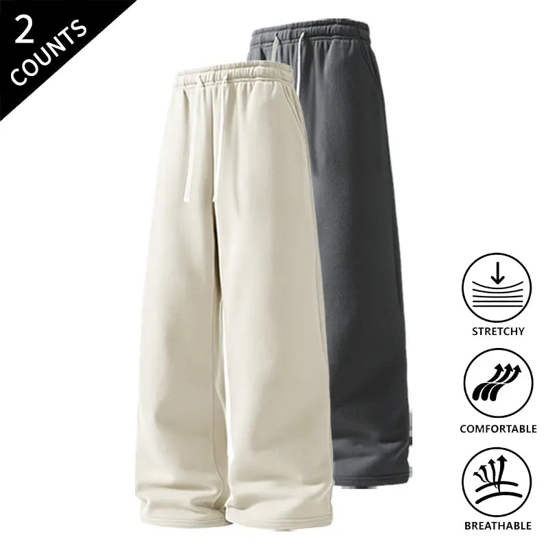 Men’s 2-Pack Baggy Sweatpants - Mid-Waist Plain Casual Straight-Leg Menswear Pants with Drawstring Waist, Comfortable, Stretchable, Breathable, Ideal for Loungewear, Travel
