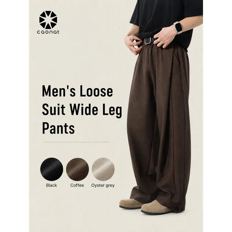 Men's High-Rise Comfy Long Pants - Baggy Wide-Leg, Pleated, Plain, Below the Ankle, Machine-Washable Retro Streetwear Menswear Trousers