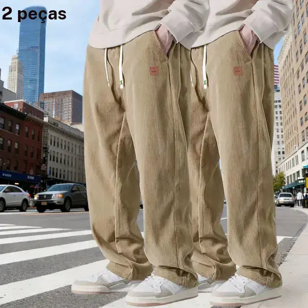 Men's 2-Pack Chic Cozy Long Cord Basics Pants - Men's Wear, Polyester Fabric, Washed Look, Loose Baggy Wide-Leg, Adjustable Drawstring, Pocketed for Autumn Winter Casual Wear