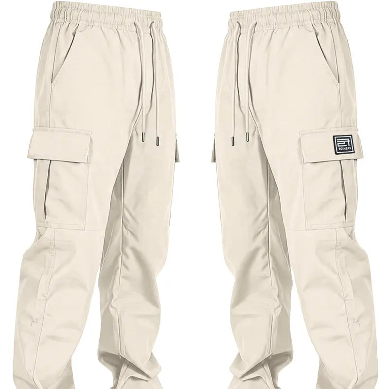 Men’s solid color tactical cargo pants — durable outdoor training pants with sport pockets; suitable for all seasons; casual streetwear pants.