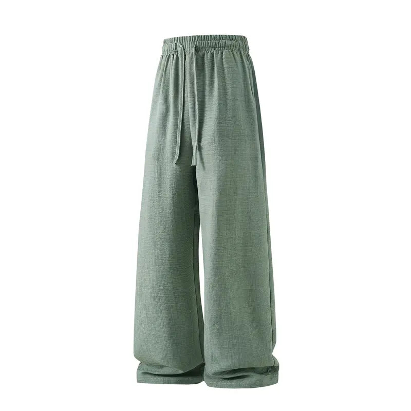 Men’s Retro Summer Lightweight Plain Pants - 100% Polyester, Loose Fit, Drawstring Tie, Breathable, Stylish, Minimalist Design, Belt-Ready for Indoor Gatherings, Outdoor Activities