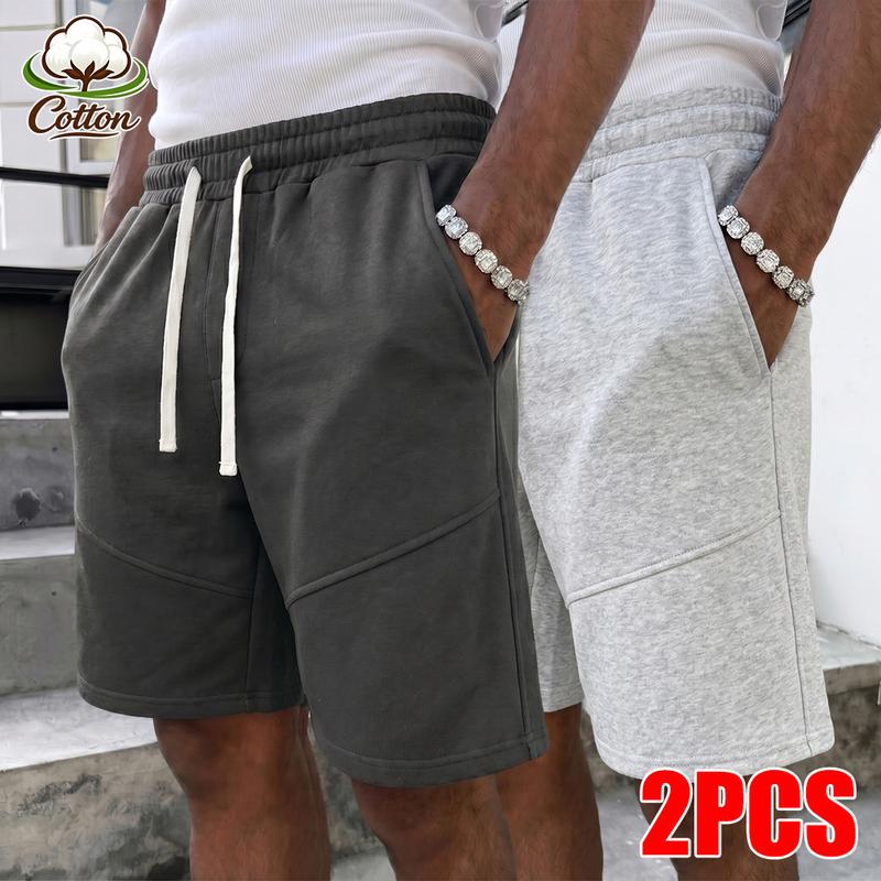 Men's 2-Pcs Black + White Cotton Casual Shorts - Stylish Menswear Loungewear, Elastic Waist Drawstring Loose-Fit, Diagonal Seam Design, Pockets for Daily & Sports Wear