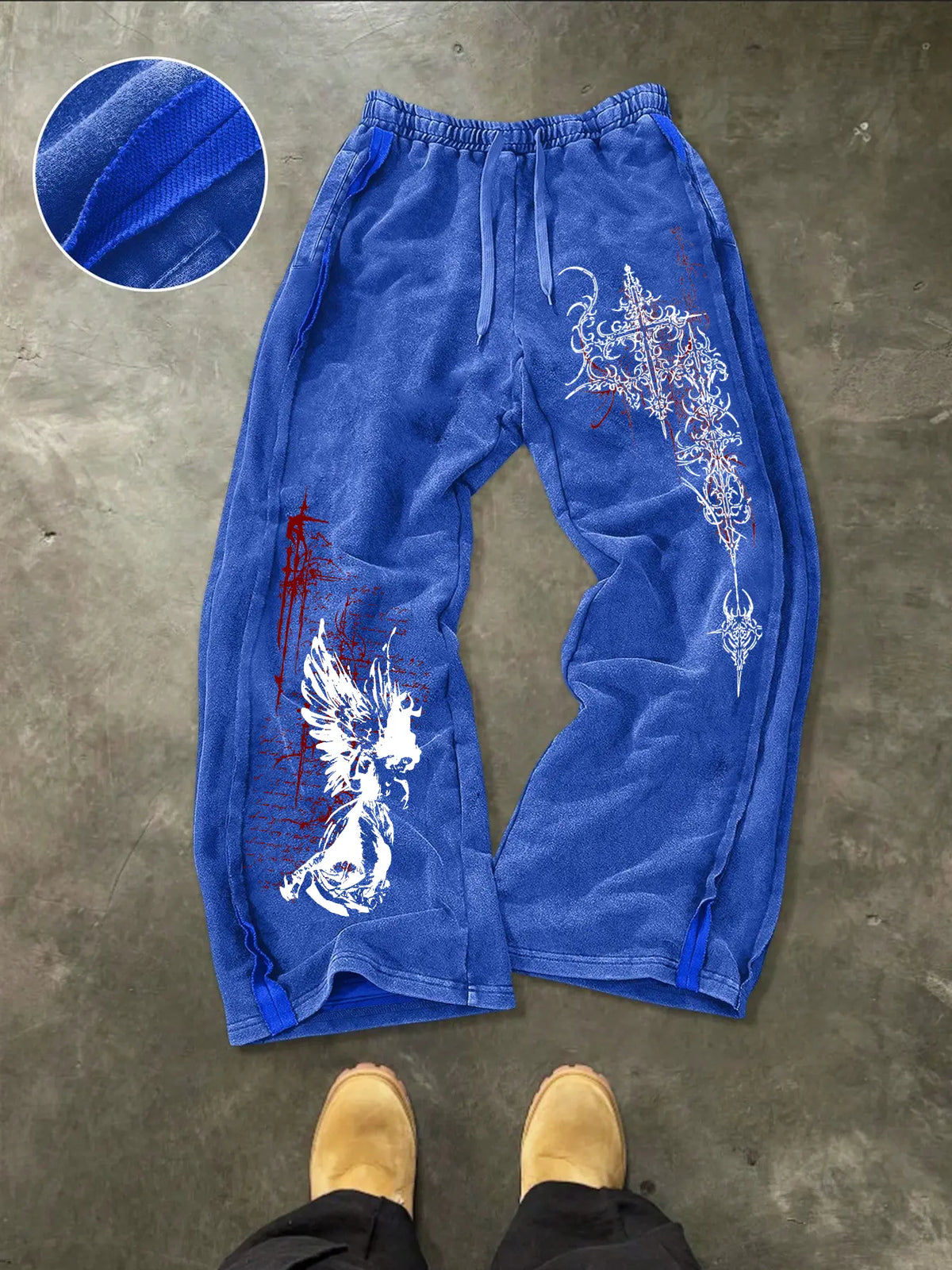 Men's Washed Cotton Sweatpants with Gothic Print, Contrast Side Stitching Detail, Comfortable Casual Pants for Daily Wear & Lounging