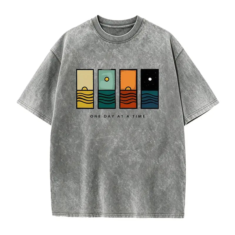 Acid Wash Vintage One Day At A Time Graphic T-Shirt, Minimal Retro Daily Casual Tee, Heavyweight Cotton Streetwear Unisex Crewneck Tshirt