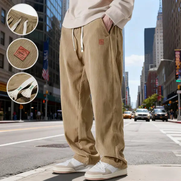Men's 2-Pack Chic Cozy Long Cord Basics Pants - Men's Wear, Polyester Fabric, Washed Look, Loose Baggy Wide-Leg, Adjustable Drawstring, Pocketed for Autumn Winter Casual Wear