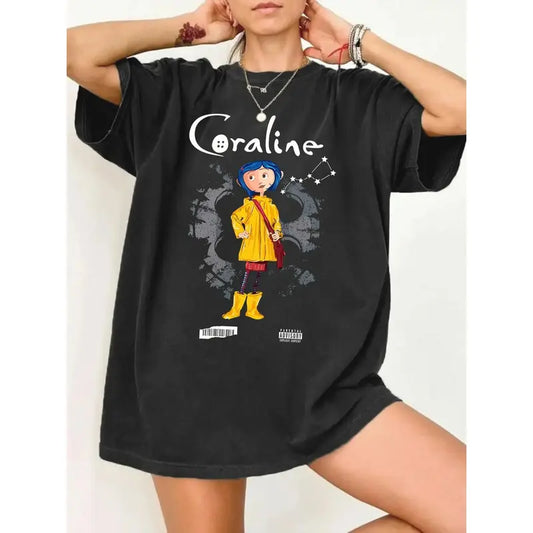 Streetwear Coraline Graphic T-Shirt, Unisex Oversized Fit with Spooky Constellation Print, Short Sleeve Cotton Blend Creepy Cute Movie Fan Top, Shortsleeve, Clothes, Fitted, Geometric