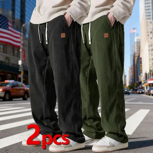 Men's 2-Pack Chic Cozy Long Cord Basics Pants - Men's Wear, Polyester Fabric, Washed Look, Loose Baggy Wide-Leg, Adjustable Drawstring, Pocketed for Autumn Winter Casual Wear