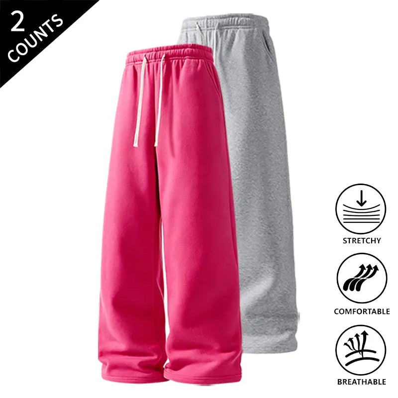 Men’s 2-Pack Baggy Sweatpants - Mid-Waist Plain Casual Straight-Leg Menswear Pants with Drawstring Waist, Comfortable, Stretchable, Breathable, Ideal for Loungewear, Travel