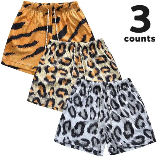 Men's 3-Pack Bold Animal Print Cargo Shorts - 7 Wild Patterns (Leopard Print, Tiger, Cow, Paisley) - Lightweight Quick-Dry Casual Stylish Summer Elastic Waist Drawstring Bold Multi-Colored Men's Shorts - Beach Board Ready, Party Use