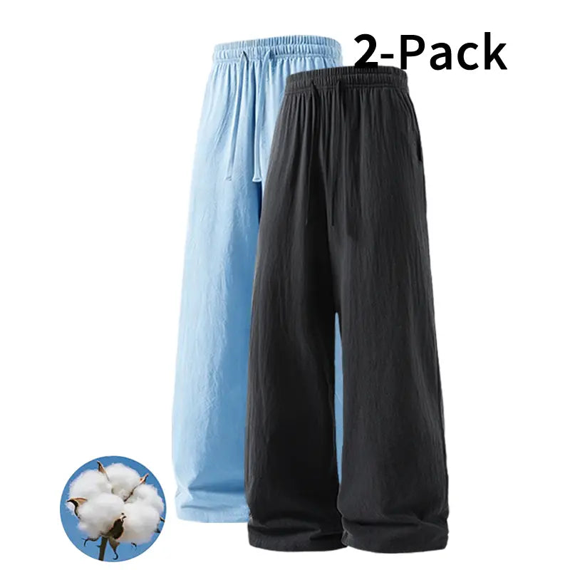 Men's 2-Pack Casual Linen-Cotton Blend Drawstring Pants, Baggy Fit, Lightweight, Anti-Wrinkle, Non-See-Through Menswear Trousers