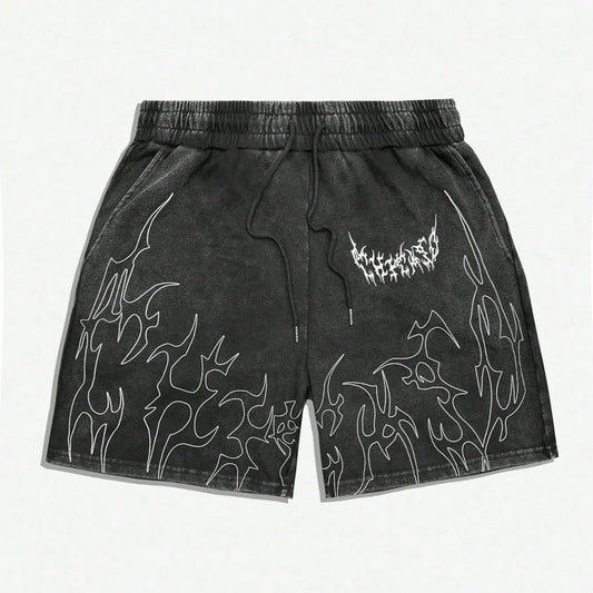 Men's Gothic Thorn & Death Metal Print Shorts, Loose Fit Street Style, High Street Casual, Vintage Washed Texture, Summer Fashion, Casual Wear, Streetwear, Menswear, Dark Street Style, Graphic Shorts