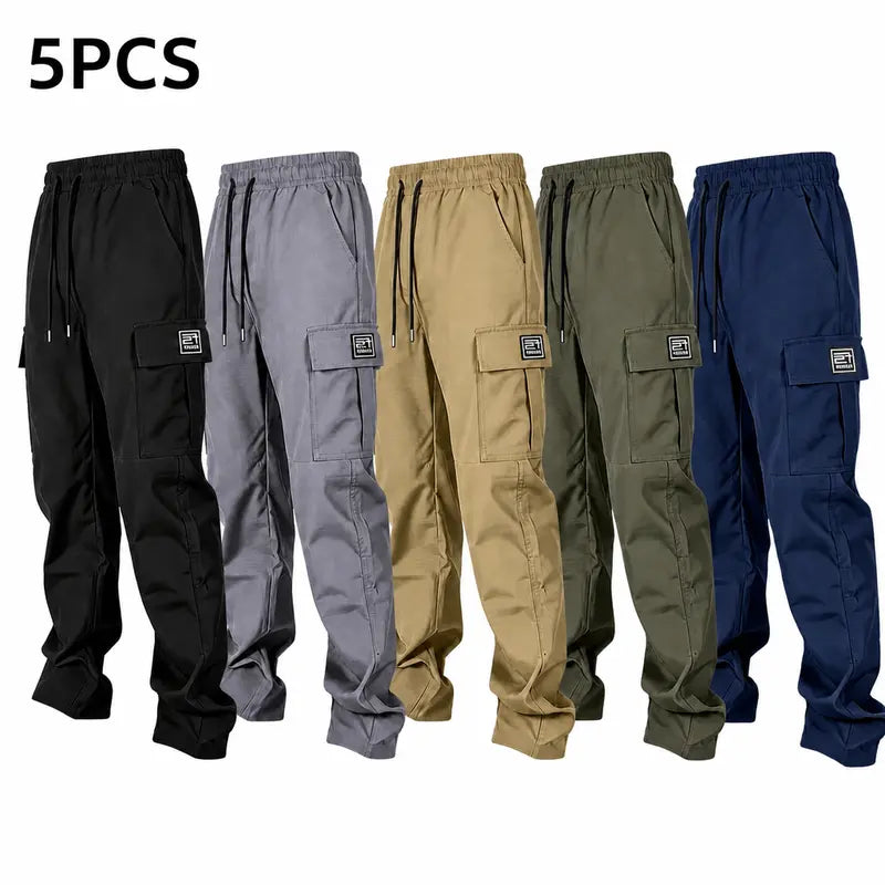 Men’s solid color tactical cargo pants — durable outdoor training pants with sport pockets; suitable for all seasons; casual streetwear pants.