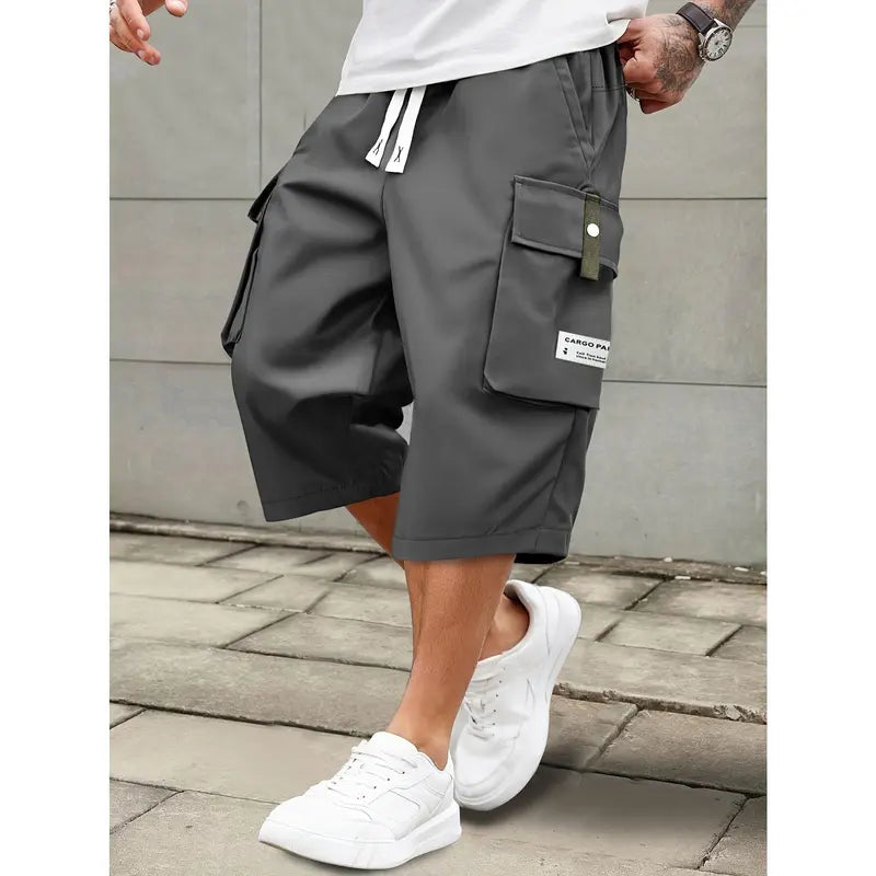 Men's Cropped Athletic Casual Cargo Shorts - Multi-Pocket Cargo Style, Elastic Waist, Adjustable Drawstring, Digital Print, Above-Knee, Cold Wash, XXS Size, Father’s Day Gift for Sports & Outdoor Activities, Athletic Casual Shorts