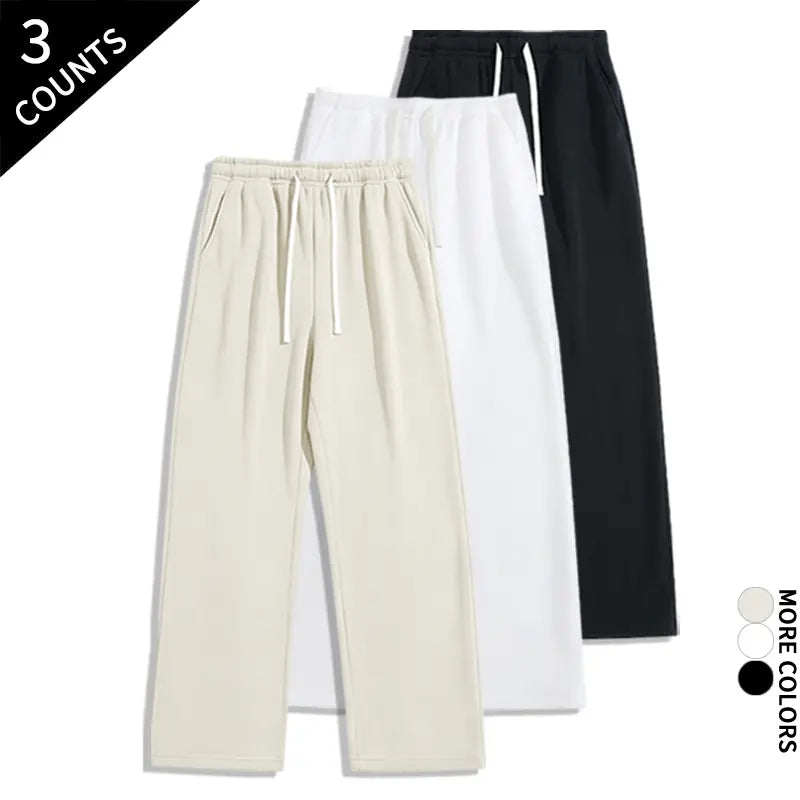Men's 3-Pack Wide-Leg Athleisure Sweatpants - Soft Polyester Stretch Fabric, Drawstring Elastic Waist, Loose-Fit Full Length, Wide-Leg Street Fit for Daily Workout, Outdoors