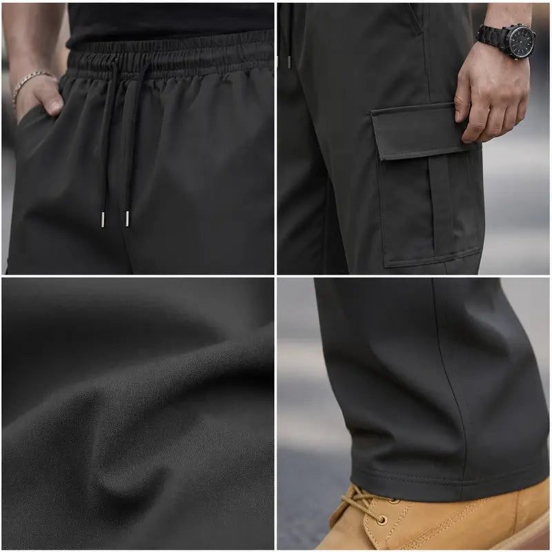 Men’s solid color tactical cargo pants — durable outdoor training pants with sport pockets; suitable for all seasons; casual streetwear pants.