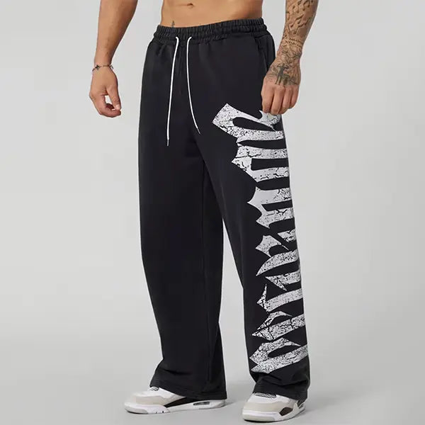 Men’s Gothic Graphic Print Wide-Leg Activewear Pants - Distressed Vintage Drawstring Athletic Fabric Sweatpants, Trendy Street-Style Sportswear Casual Long Pants