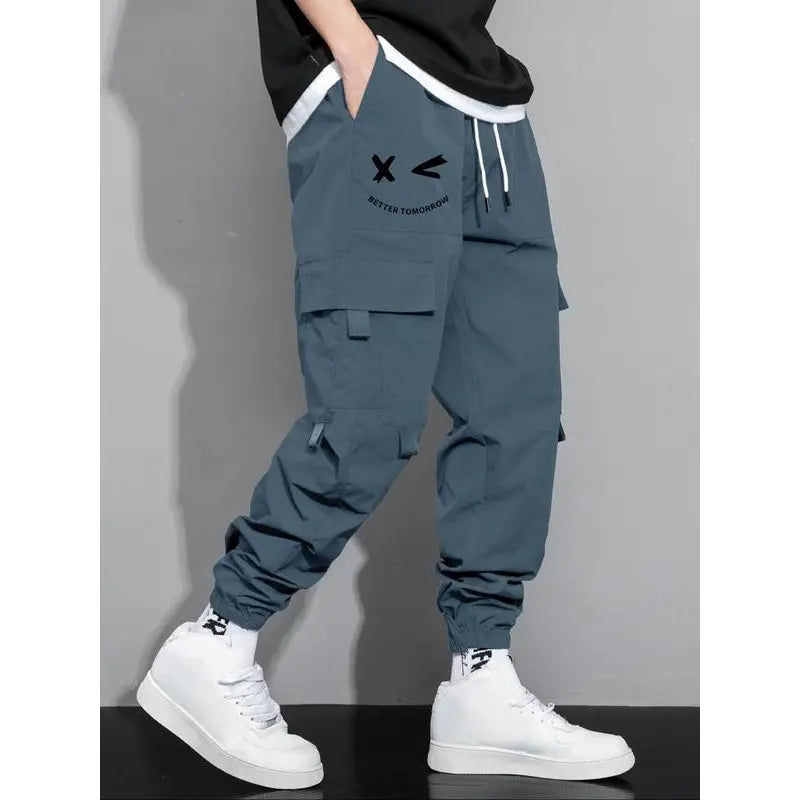 Men's Cartoon Face & Letter Print Drawstring Waist Cargo Pants, Casual Regular Fit Utility Jogger Bottoms, Men's Trousers for All Seasons, Pants for Men, Mens Pants, Pants for Men Menswear Grey