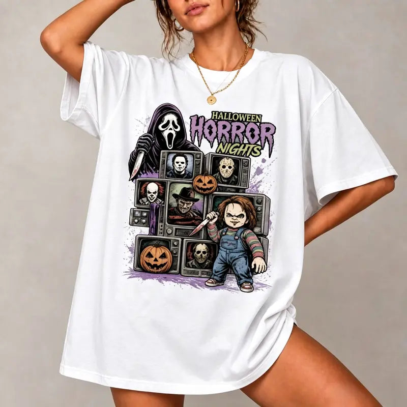 Spooky‑Season Classic Horror Character Graphic T‑Shirt, Unisex Casual Crew Neck Short‑Sleeve Tee, Creepy Fall Outfit Tops for Horror Fans, Perfect Halloween‑Party Holiday Gift for Men Women