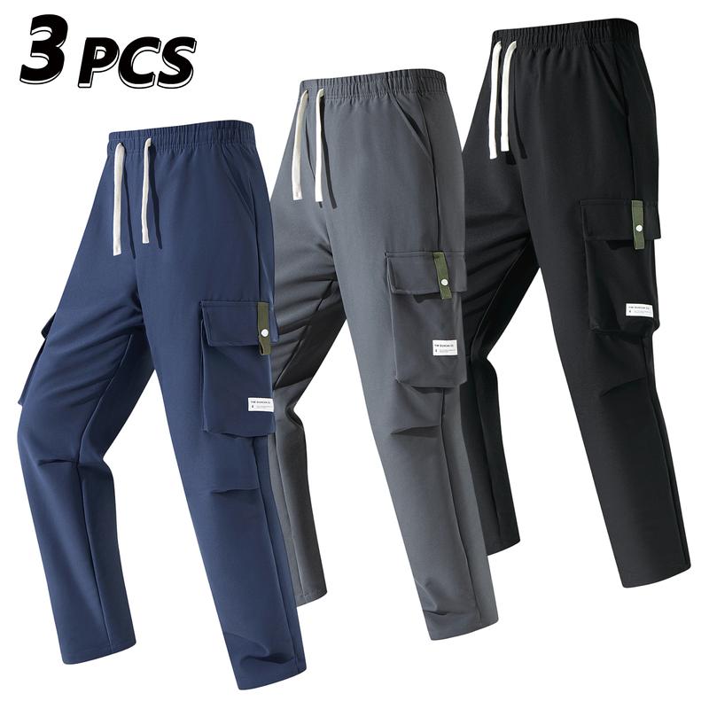 Men’s Cargo Pants - Menswear, Plain Basic Minimalist Polyester, Drawstring Elastic Waistband, Multiple Pockets, Versatile for Spring Autumn Everyday Casual Back-to-School Wear