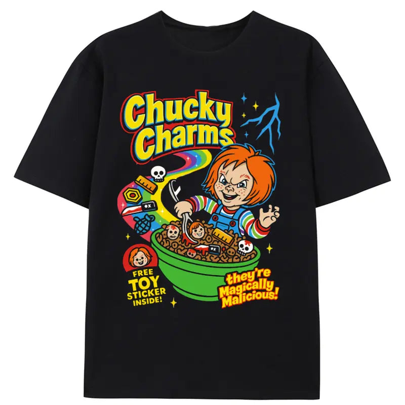 Chucky Charms Graphic T-Shirt, Unisex Casual Streetwear Shortsleeve Top for Halloween, Horror Movie 'Magically Malicious' Design, Tshirt, Free Sticker, Round Neck, Medium Fit, Regular, Standard Sizes