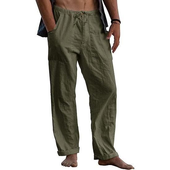 Runcati Men's Cotton Pants Yoga Beach Loose Summer Elastic Waist Drawstring Loose Pants with Pocket