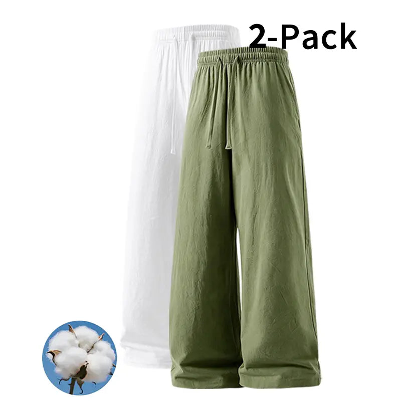 Men's 2-Pack Casual Linen-Cotton Blend Drawstring Pants, Baggy Fit, Lightweight, Anti-Wrinkle, Non-See-Through Menswear Trousers