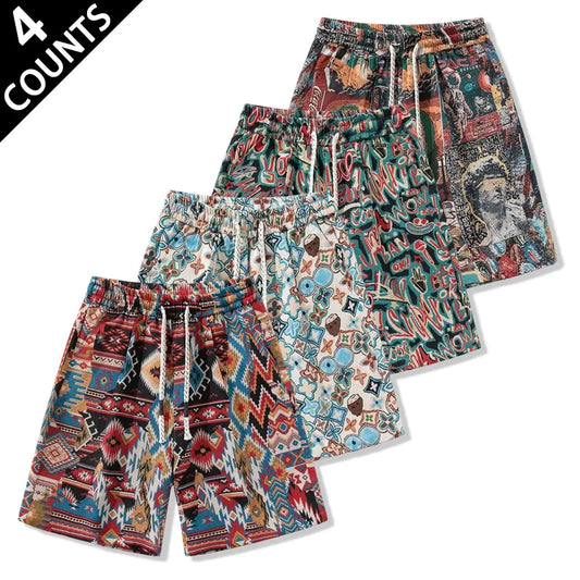 Men’s 4-Piece Bohemian Print Casual Shorts Set - Menswear, Bold Multi-Colored Aztec Motifs, Lightweight Breathable Quick-Dry Soft Fabric, Elastic Drawstring Waist, Relaxed Fit, High-Res Print Stays Vivid, Ideal for Summer Beach Trips