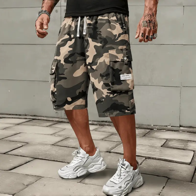 Men's Cropped Athletic Casual Cargo Shorts - Multi-Pocket Cargo Style, Elastic Waist, Adjustable Drawstring, Digital Print, Above-Knee, Cold Wash, XXS Size, Father’s Day Gift for Sports & Outdoor Activities, Athletic Casual Shorts