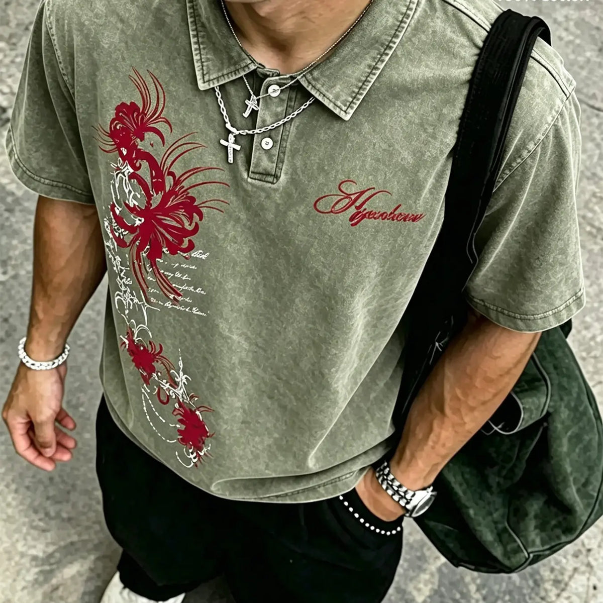 Unisex Dark Gothic Casual 100% Cotton Washed Floral Spider Lily Print Oversized Polo Shirt, Y2K American Retro Top, High Street Style, Casual Polo Shirts
