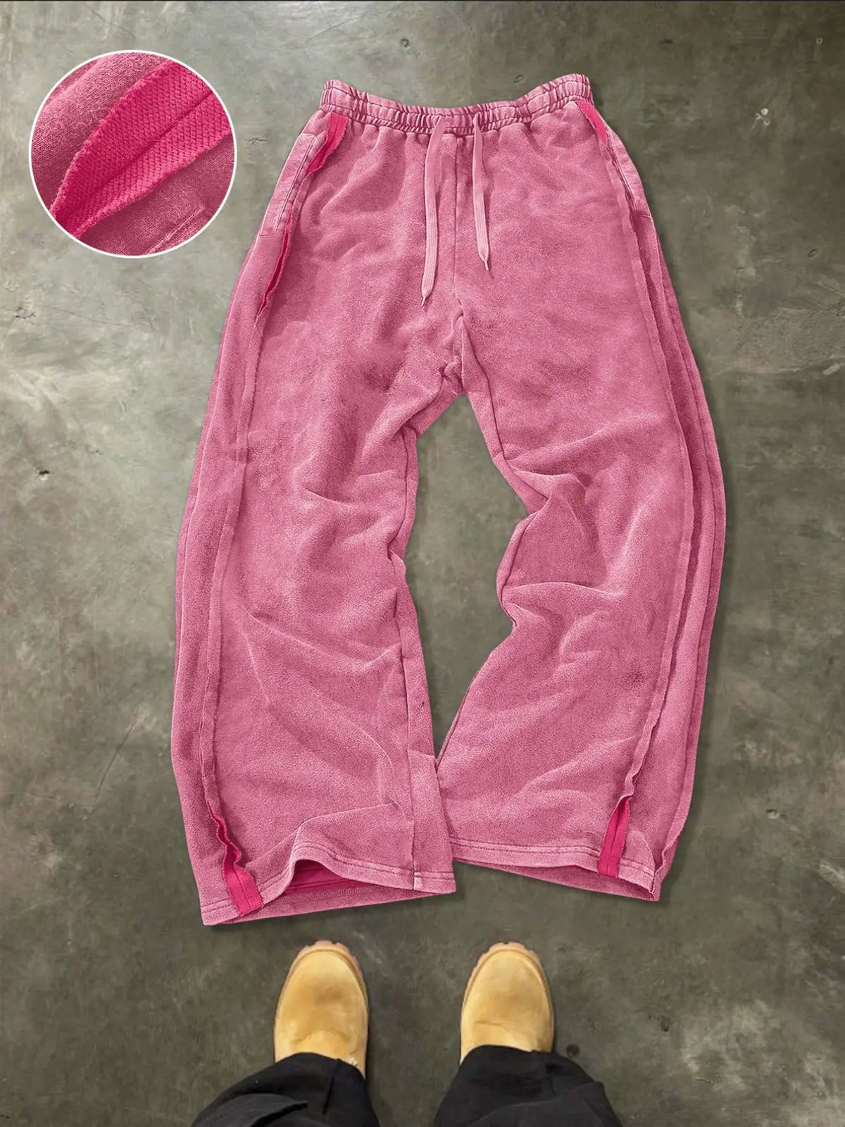 Men's Washed Vintage Hem Side Drawstring Oversized Baggy Wide Leg Sweatpants, American Retro Flowy Loose Fit Straight Leg Long Pants, Relaxed Pants, Trouser, Street Pants