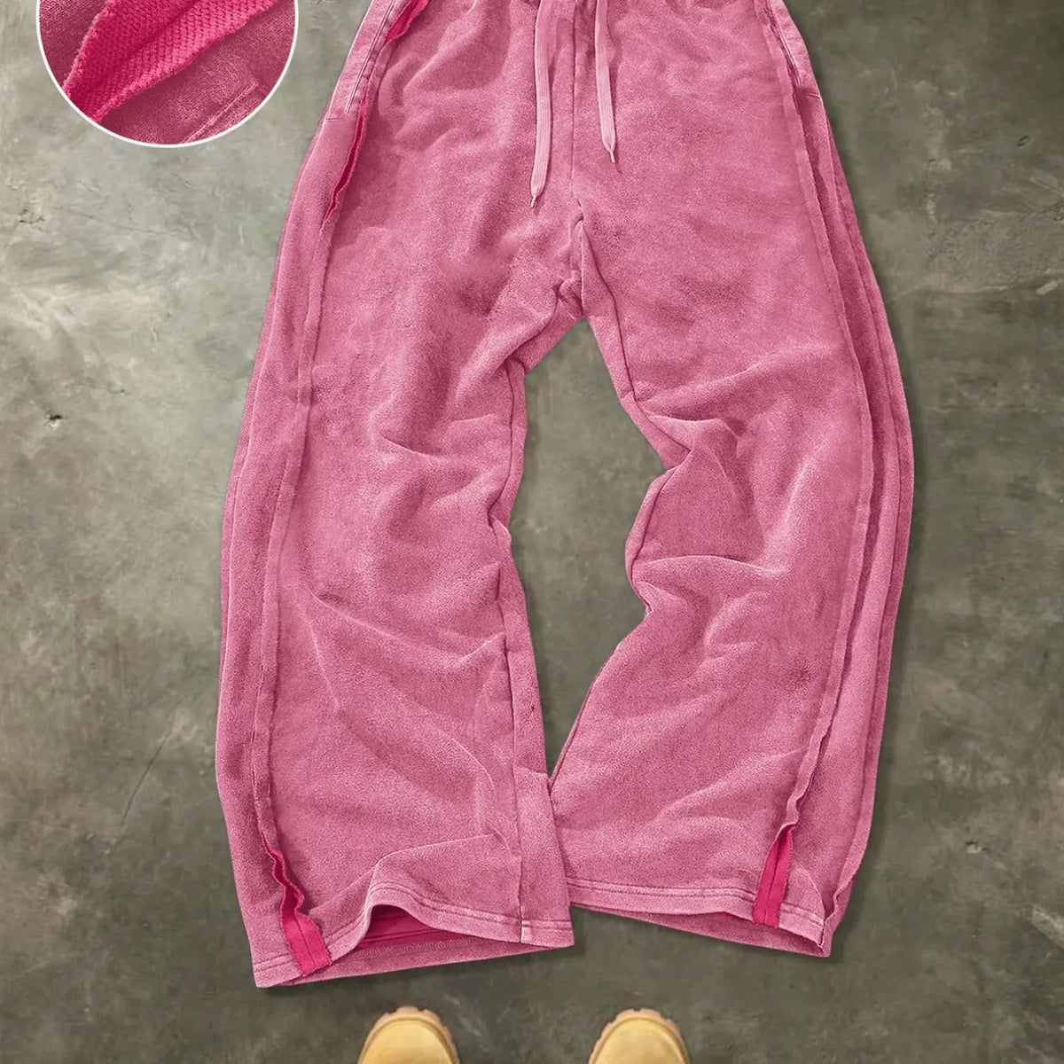 Men's Washed Vintage Hem Side Drawstring Oversized Baggy Wide Leg Sweatpants, American Retro Flowy Loose Fit Straight Leg Long Pants, Relaxed Pants, Trouser, Street Pants