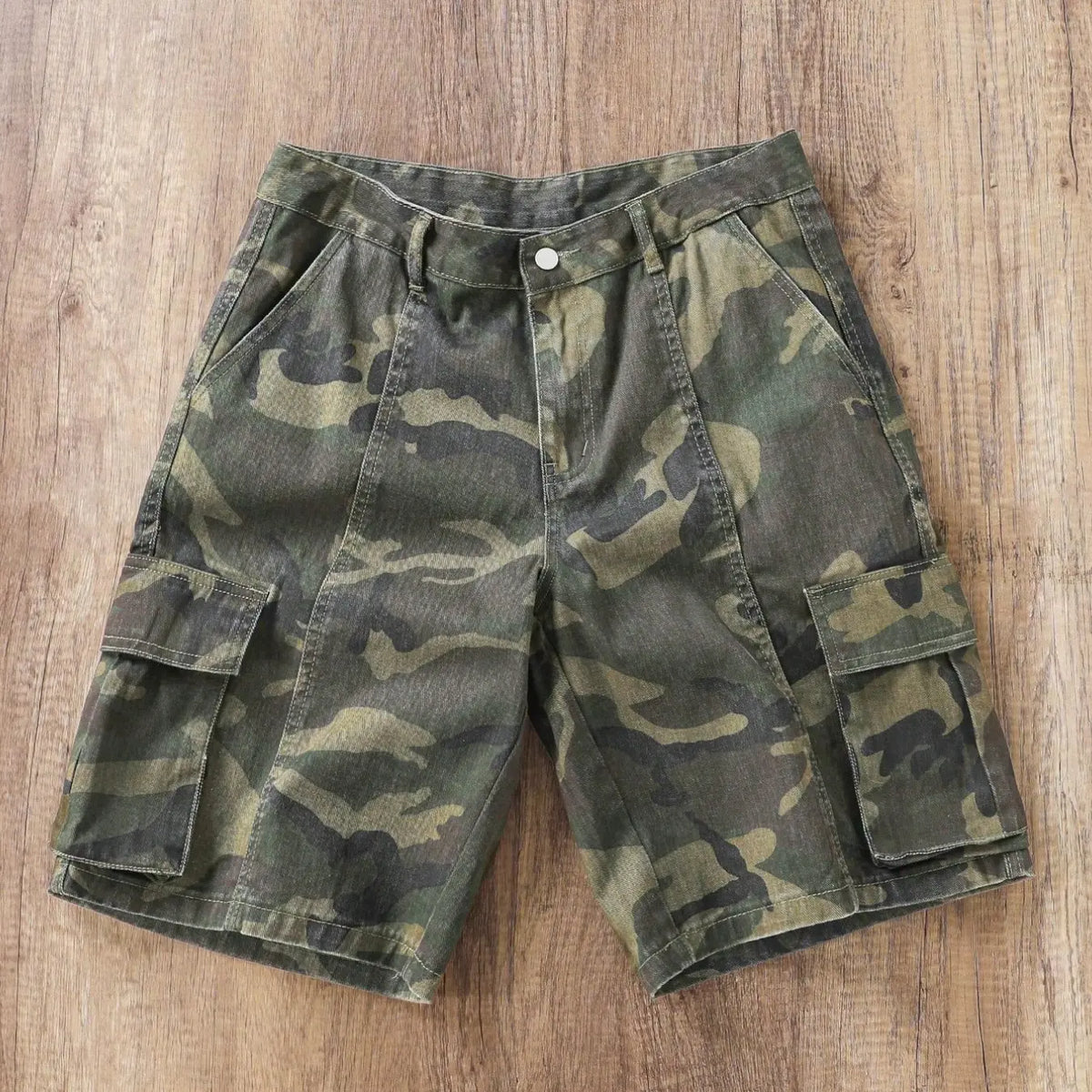 Camouflage Shorts, Workwear Denim Shorts, Multi-Pocket Denim Shorts, Summer Pants, Loose-Fit, Street Style, Cotton, Hip-Hop Fashion, Camo Cargo Short, Camouflage Streetwear Shorts