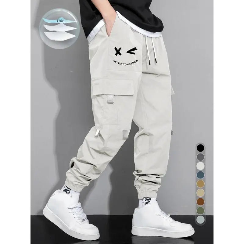 Men's Cartoon Face & Letter Print Drawstring Waist Cargo Pants, Casual Regular Fit Utility Jogger Bottoms, Men's Trousers for All Seasons, Pants for Men, Mens Pants, Pants for Men Menswear Grey