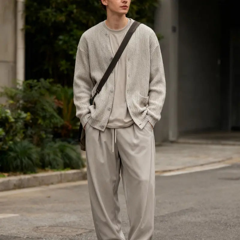 Men's High-Rise Comfy Long Pants - Baggy Wide-Leg, Pleated, Plain, Below the Ankle, Machine-Washable Retro Streetwear Menswear Trousers