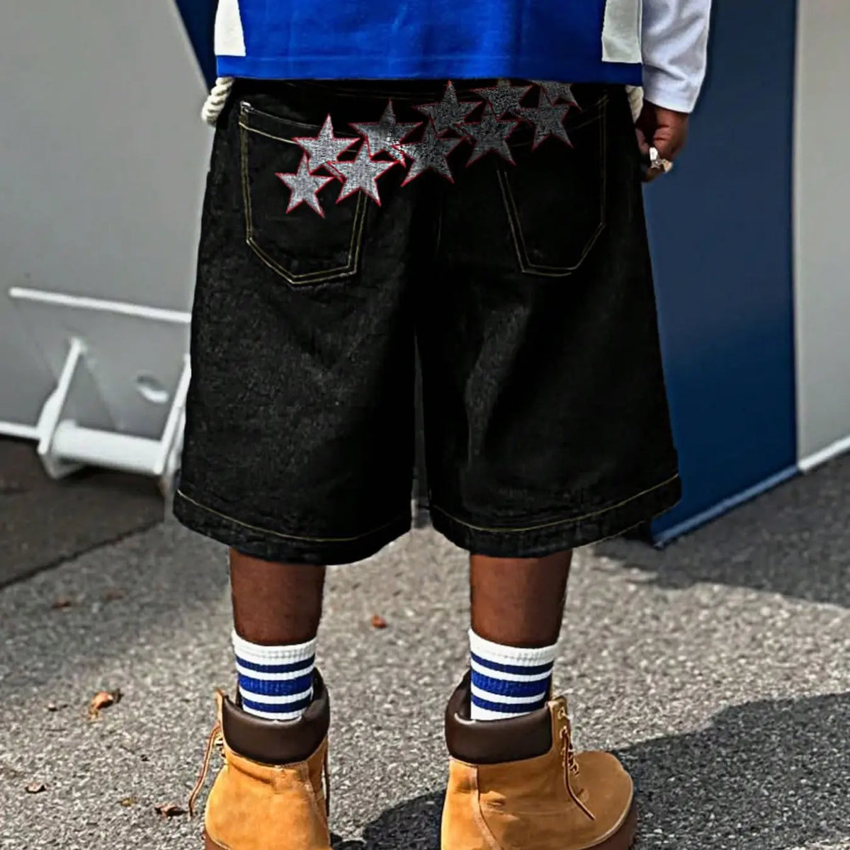 Men's American High Street Spider Embroidery Wide-Leg Denim Shorts, Straight-Leg Capri Pants, Casual Streetwear Shorts