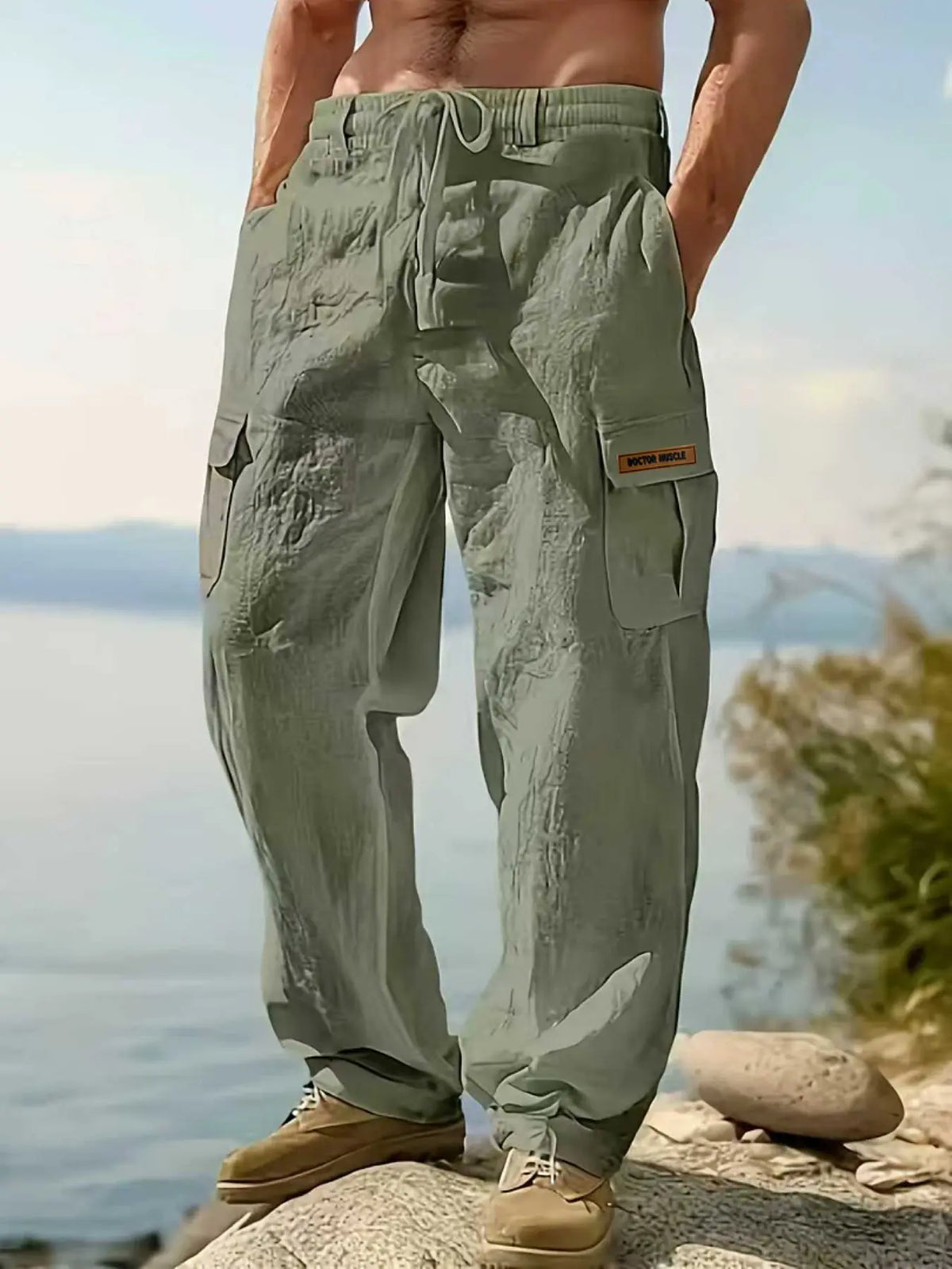 Men's Workwear Linen Pants Multi-Pocket Straight Leg, Breathable Bottom Plain Casual Pants for Spring & Fall, Outdoor Beach Wear