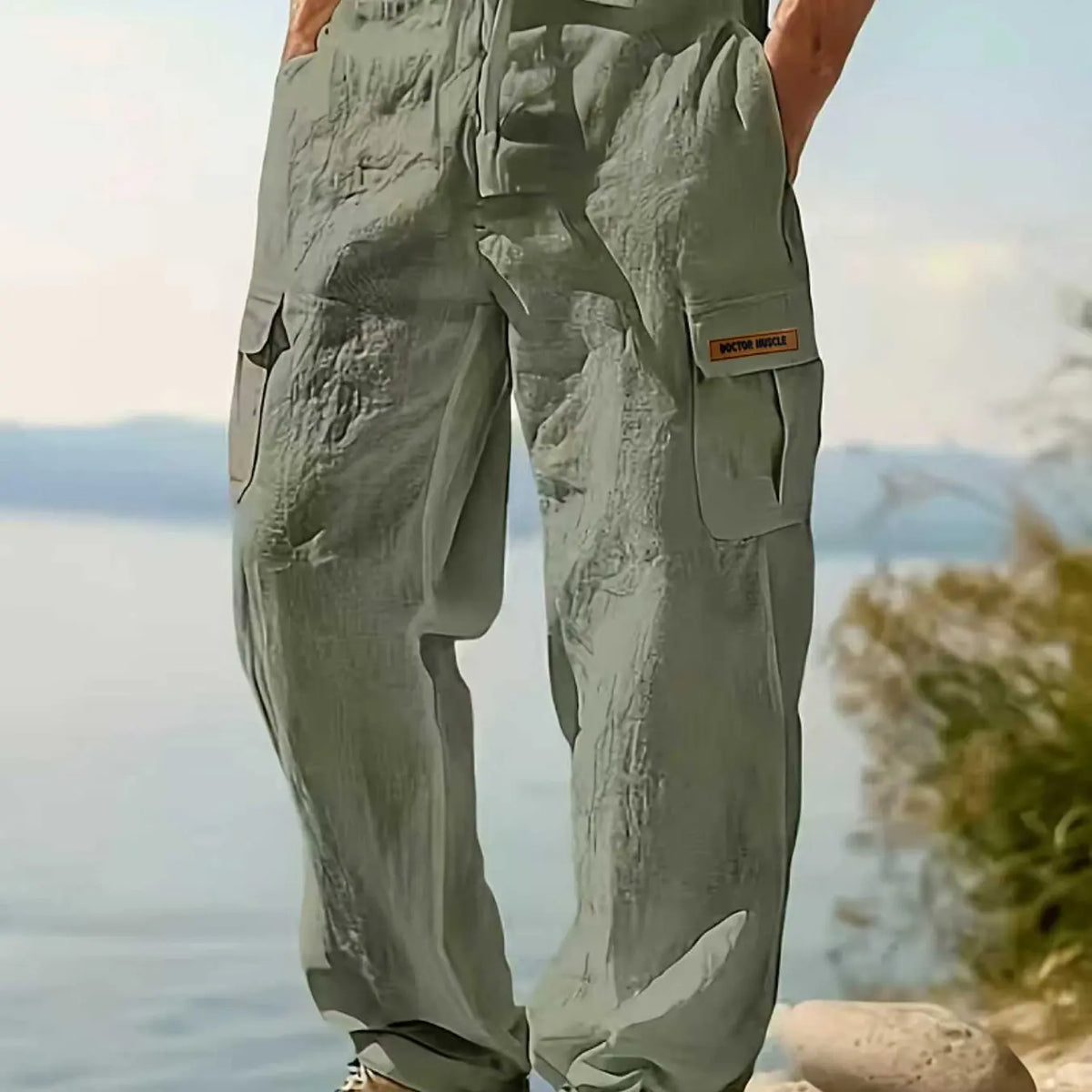 Men's Workwear Linen Pants Multi-Pocket Straight Leg, Breathable Bottom Plain Casual Pants for Spring & Fall, Outdoor Beach Wear
