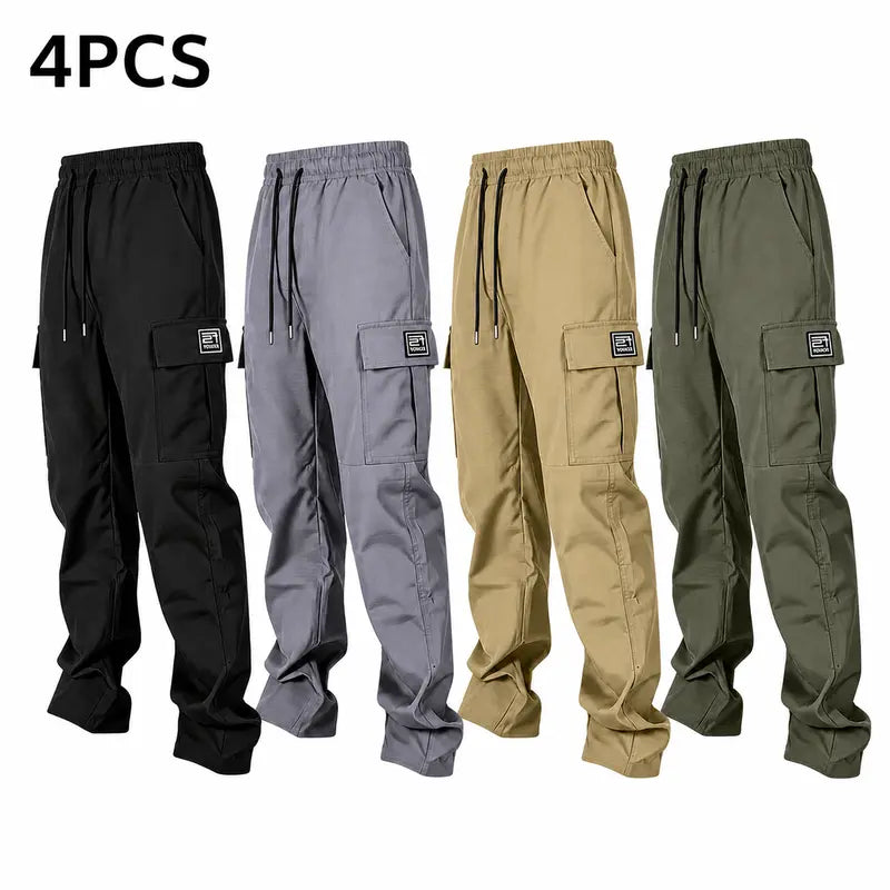 Men’s solid color tactical cargo pants — durable outdoor training pants with sport pockets; suitable for all seasons; casual streetwear pants.