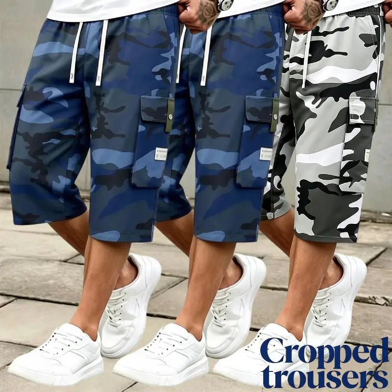 Men's 3-piece Camo Cargo seven-quarter trousers Capriers – Multi-Pocket Design, Drawstring Waistband, Casual Streetwear Shorts, Perfect for Everyday Wear & Urban Styling SpringStatements
