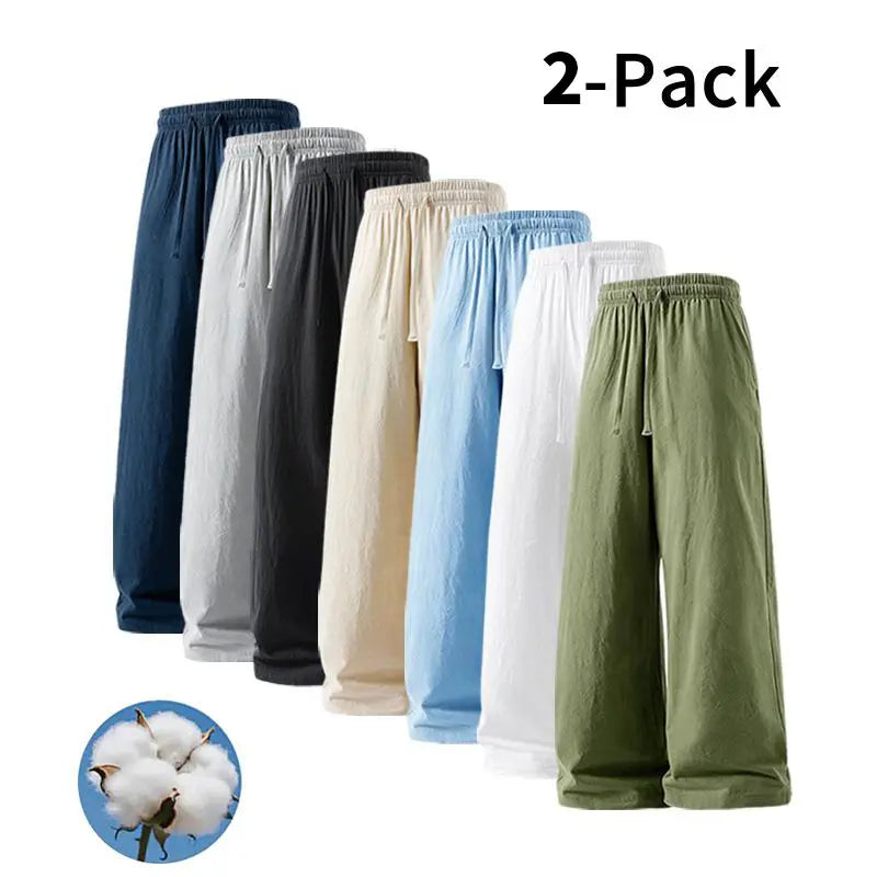 Men's 2-Pack Casual Linen-Cotton Blend Drawstring Pants, Baggy Fit, Lightweight, Anti-Wrinkle, Non-See-Through Menswear Trousers