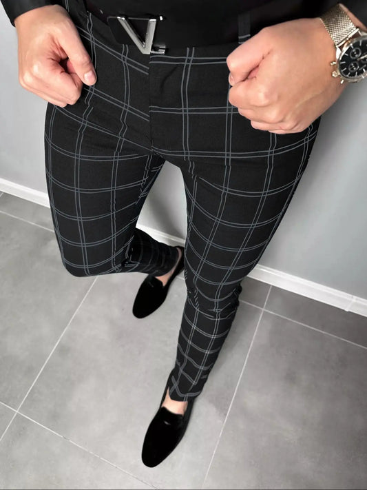 Men's Plaid Print Button Fly Slim Pants, Business Casual Pocket Design Fashion Trousers For All Seasons, Men's Bottoms For Work Office Daily Wear