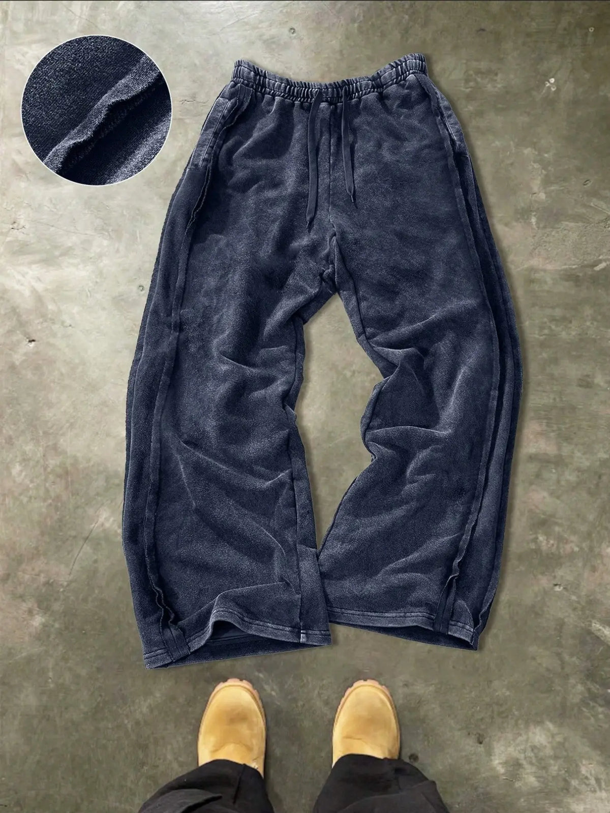 Men's Washed Vintage Hem Side Drawstring Oversized Baggy Wide Leg Sweatpants, American Retro Flowy Loose Fit Straight Leg Long Pants, Relaxed Pants, Trouser, Street Pants