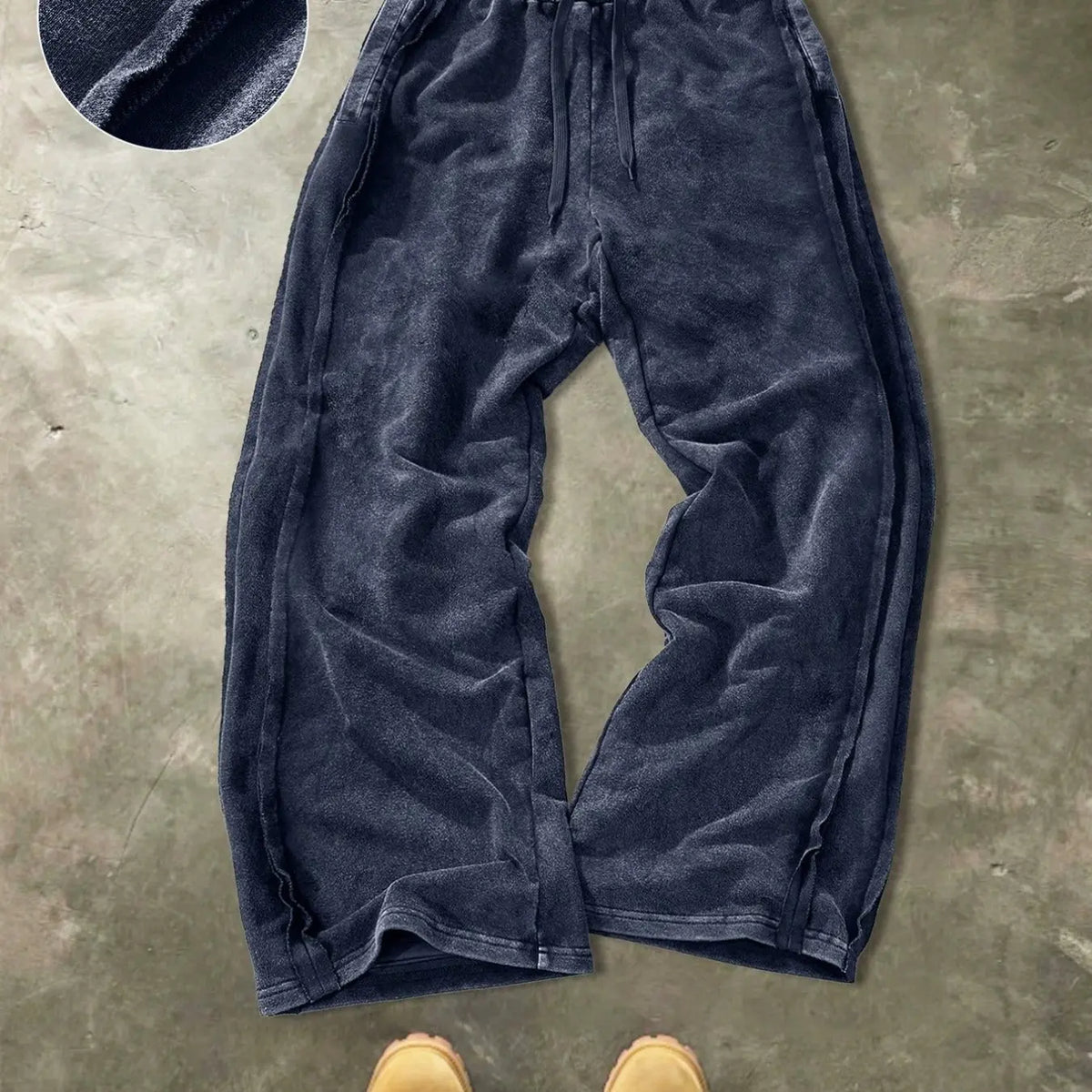 Men's Washed Vintage Hem Side Drawstring Oversized Baggy Wide Leg Sweatpants, American Retro Flowy Loose Fit Straight Leg Long Pants, Relaxed Pants, Trouser, Street Pants