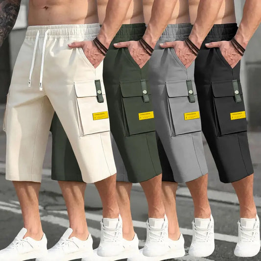 Men's 4-Piece Cargo Pants Set - Casual Comfy Trouser with Fitted Cut, Mid Waist, Drawstring Waist Adapts to Your Fit, Large Pockets for Daily Gear, Letter Patches, Stylish Summer Workwear (Black, Gray, Blue, Khaki)