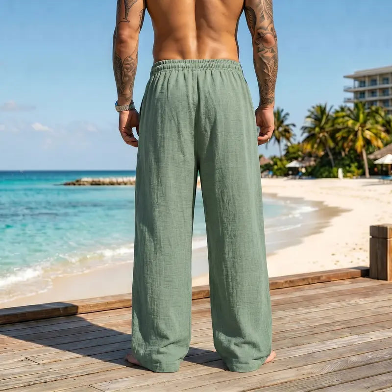 Men’s Retro Summer Lightweight Plain Pants - 100% Polyester, Loose Fit, Drawstring Tie, Breathable, Stylish, Minimalist Design, Belt-Ready for Indoor Gatherings, Outdoor Activities