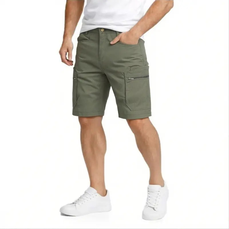 Clean Gent men’s casual cargo shorts with zippered pockets and a buttoned placket—ideal for outdoor hiking, summer leisure, work, golf, and outdoor fun.
