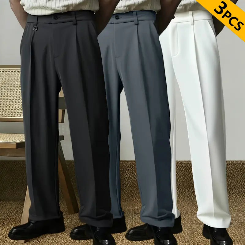 Men's 3-Pack Classic Straight-Leg Chic Pants - Polyester Solid Color with Pockets, Retro Japanese Business Casual Men's Pants for Daily Wear & Commuting, Chic Men's Pants